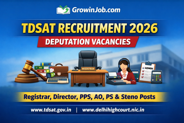 Digital banner featuring TDSAT Recruitment 2026 deputation vacancies with icons of a gavel, laptop, books, office desk labeled Registrar, and an admin typist, along with official website links to tdsat.gov.in and delhihighcourt.nic.in.