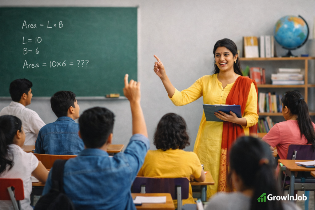Government school teacher teaching students in an Indian classroom -