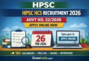 HPSC HCS Recruitment 2026 Advt No. 22/2026 apply online illustration with calendar, laptop, checklist and GrowInJob branding
