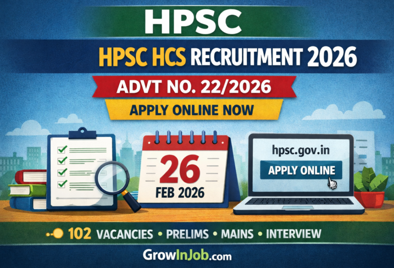 HPSC HCS Recruitment 2026 Advt No. 22/2026 apply online illustration with calendar, laptop, checklist and GrowInJob branding