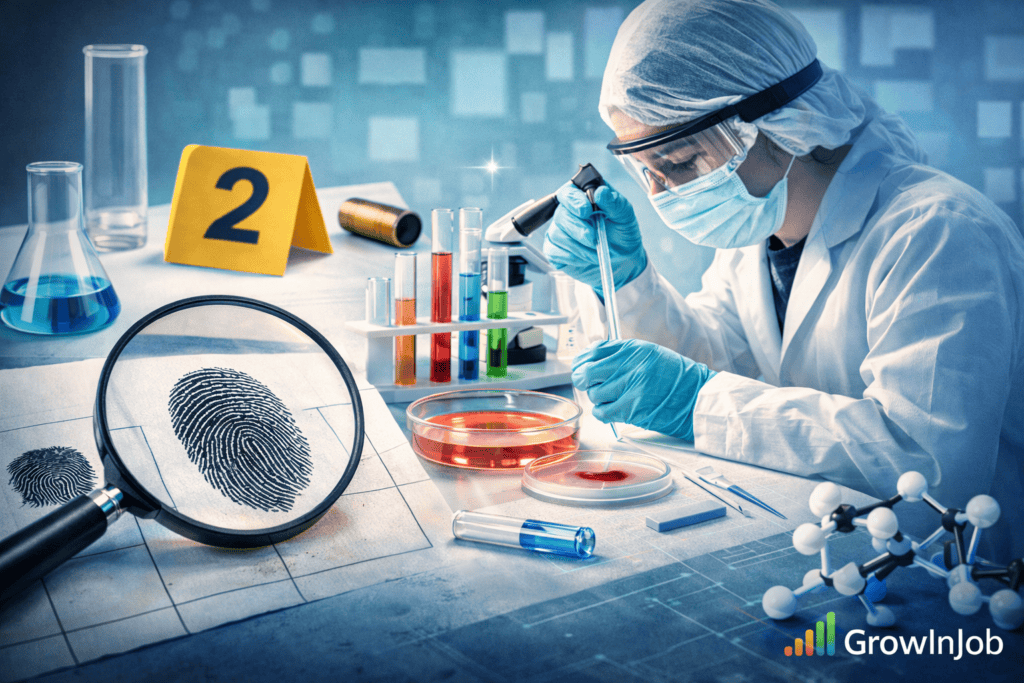 Forensic science student analyzing fingerprints and chemical evidence in a forensic laboratory