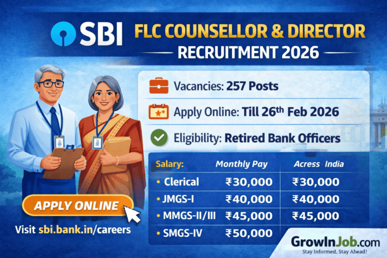 SBI FLC Counsellor and Director recruitment 2026 announcement by GrowInJob.com for retired bank officials