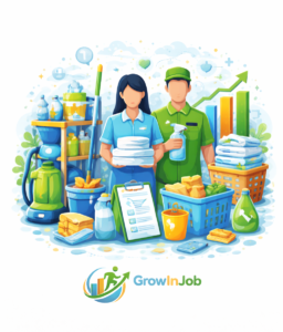 Housekeeping jobs featured image with cleaning supplies, towels, spray bottle, checklist, and growth symbols – GrowInJob
