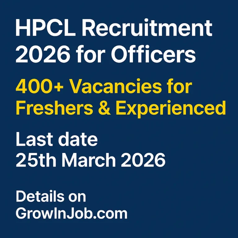 HPCL Recruitment 2026 for Officers – 400+ vacancies for freshers and experienced with last date 25th March 2026 | GrowInJob.com