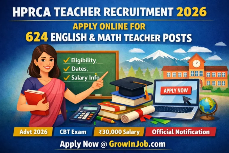 Feature image for HPRCA Teacher Recruitment 2026 showcasing 624 English and Mathematics teacher vacancies, eligibility details, and Apply Now branding for GrowInJob.com.