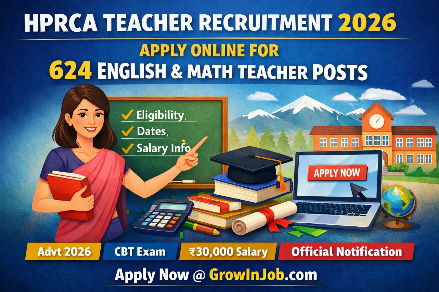 Feature image for HPRCA Teacher Recruitment 2026 showcasing 624 English and Mathematics teacher vacancies, eligibility details, and Apply Now branding for GrowInJob.com.
