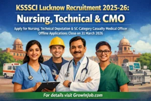 Inclusive illustration of nursing, technical, and medical officers for KSSSCI Lucknow Recruitment 2025–26 with a note saying “For details visit GrowInJob.com”.