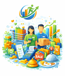 Retail jobs featured image with shopping cart, billing, sales tags and growth symbols – GrowInJob