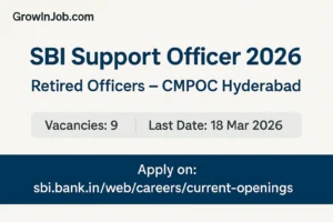 Featured image – SBI Support Officer 2026 recruitment for retired officers at CMPOC Hyderabad – 9 vacancies, last date 18 March 2026 – GrowInJob.com