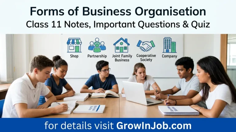 Class 11 students studying Forms of Business Organisation with Business Studies notes, important questions and quiz, GrowInJob CTA bar at bottom