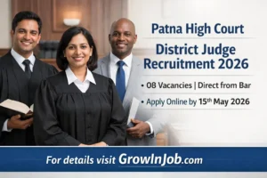 Patna High Court District Judge Recruitment 2026 featured image showing diverse legal professionals in courtroom with application deadline 15 May 2026
