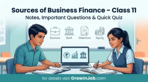 Sources of business finance Class 11 – students learning business finance in classroom with teacher and GrowInJob.com CTA