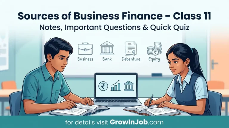 Sources of business finance Class 11 – students learning business finance in classroom with teacher and GrowInJob.com CTA