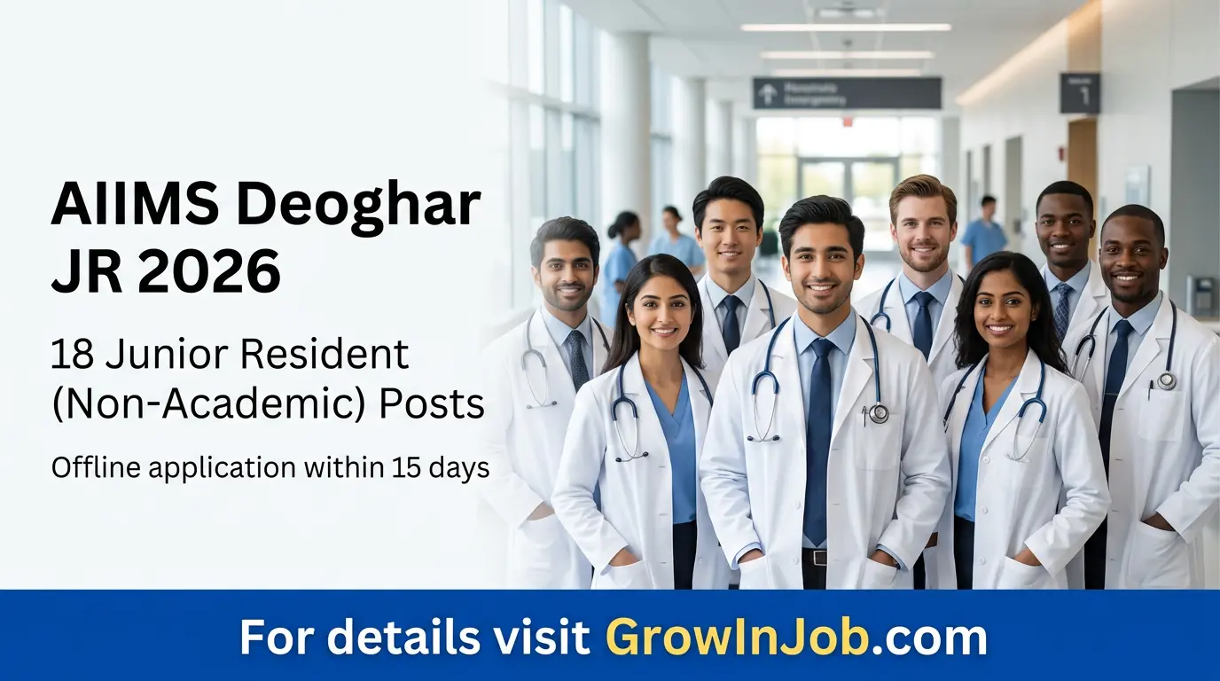 Young doctors for AIIMS Deoghar Junior Resident recruitment 2026 with GrowInJob.com call to action