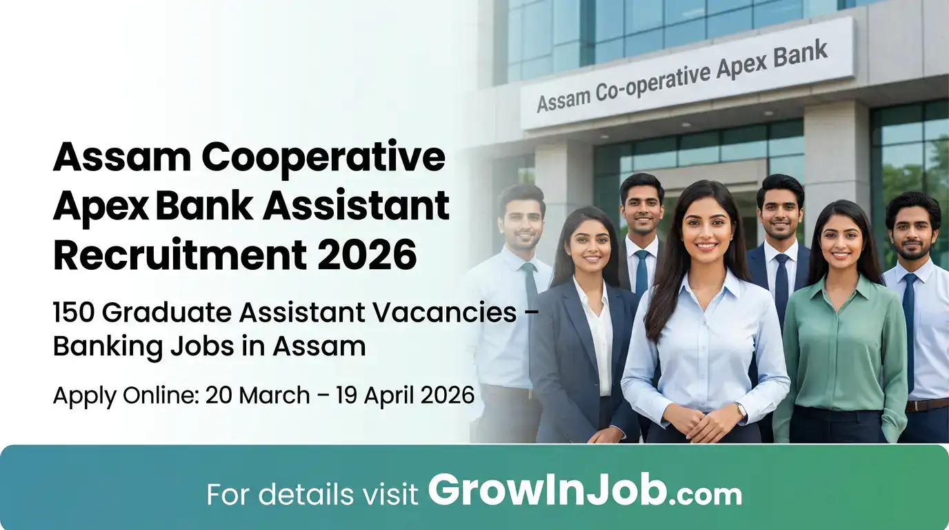 Young Indian professionals in front of Assam Cooperative Apex Bank building for Assistant Recruitment 2026 with headline and GrowInJob.com CTA