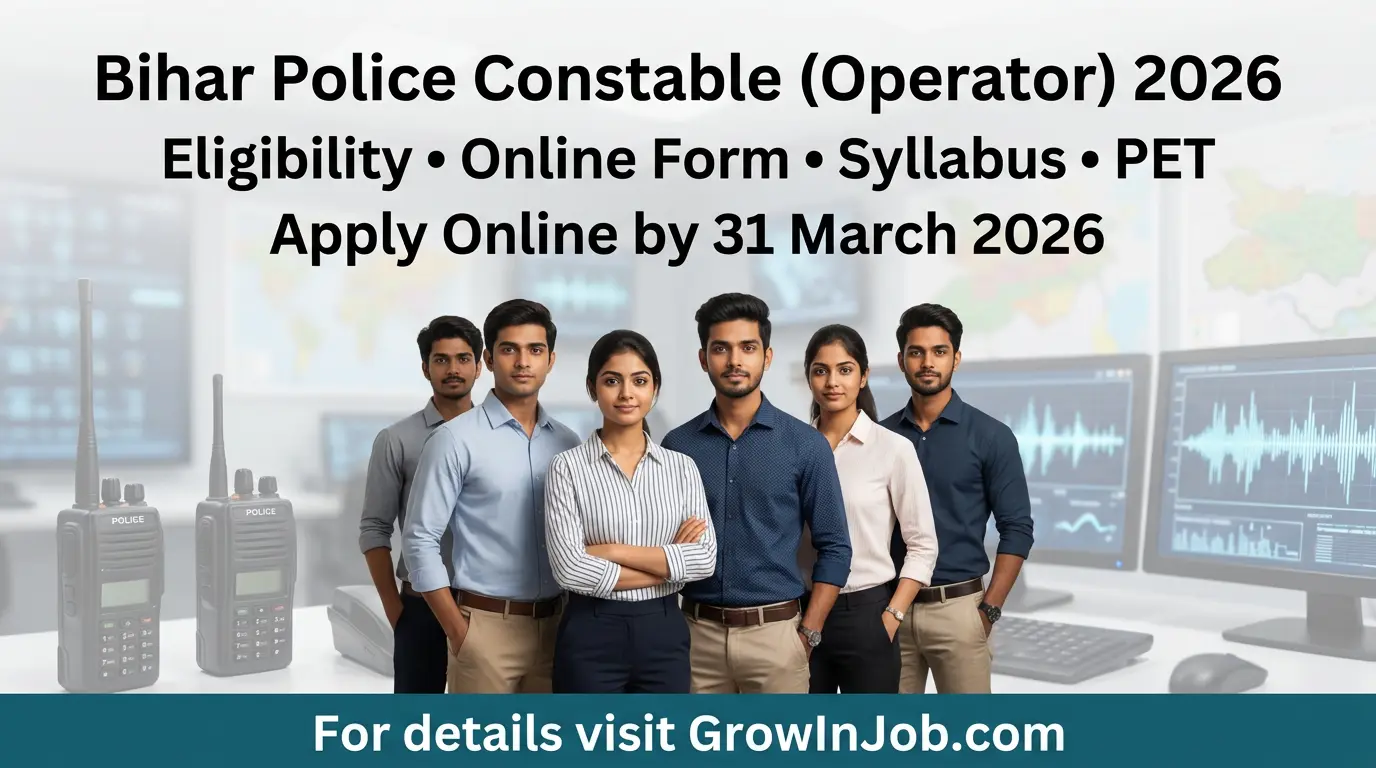 Bihar Police Constable Operator Recruitment 2026 – diverse male and female candidates in front of a police communication background with title and GrowInJob.com CTA.