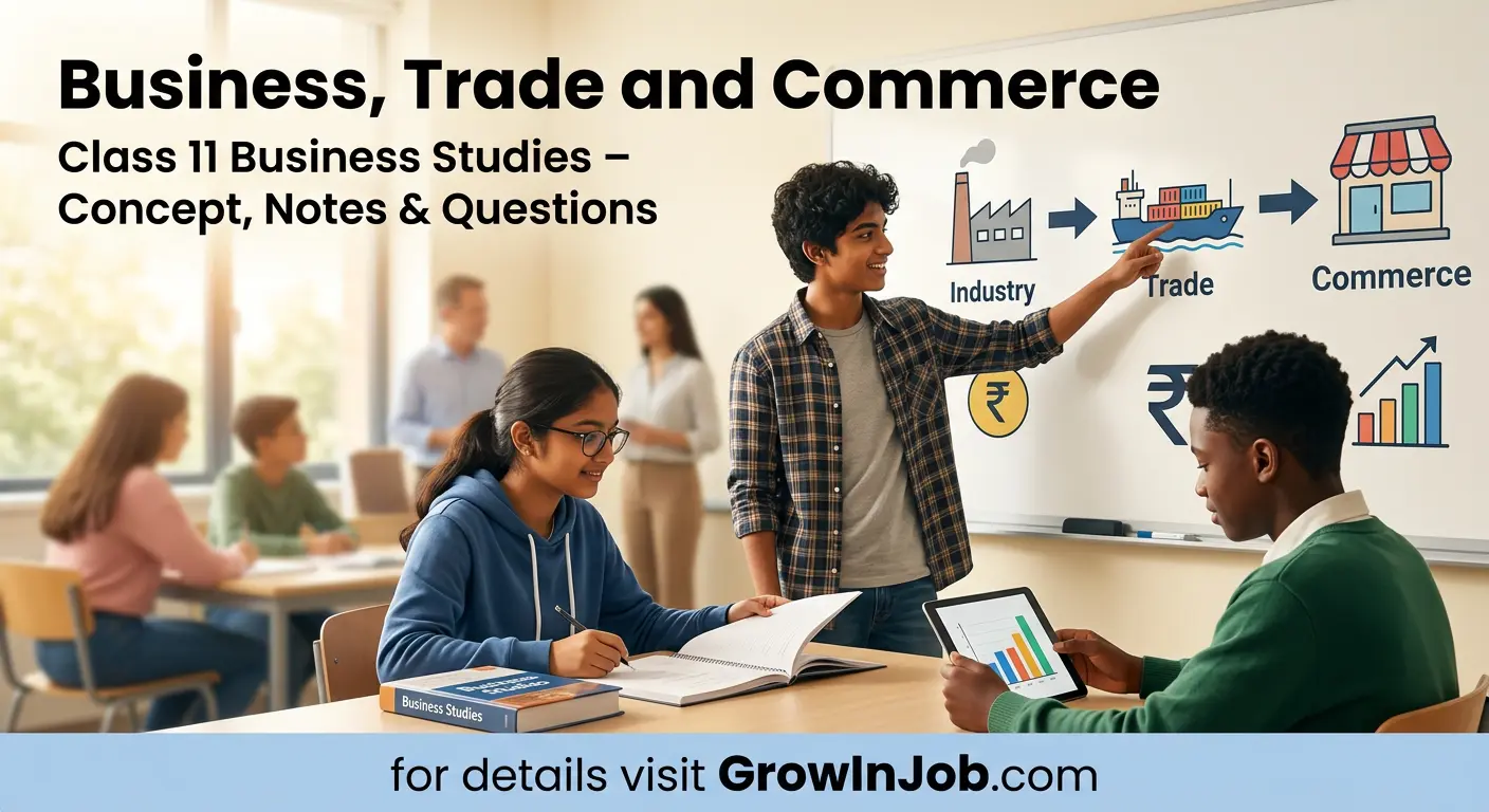Class 11 commerce students studying Business, Trade and Commerce with books and laptop in a classroom, headline and GrowInJob.com call to action