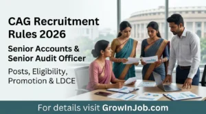 CAG Recruitment Rules 2026 for Senior Accounts Officer and Senior Audit Officer with diverse finance professionals in office and GrowInJob.com details bar