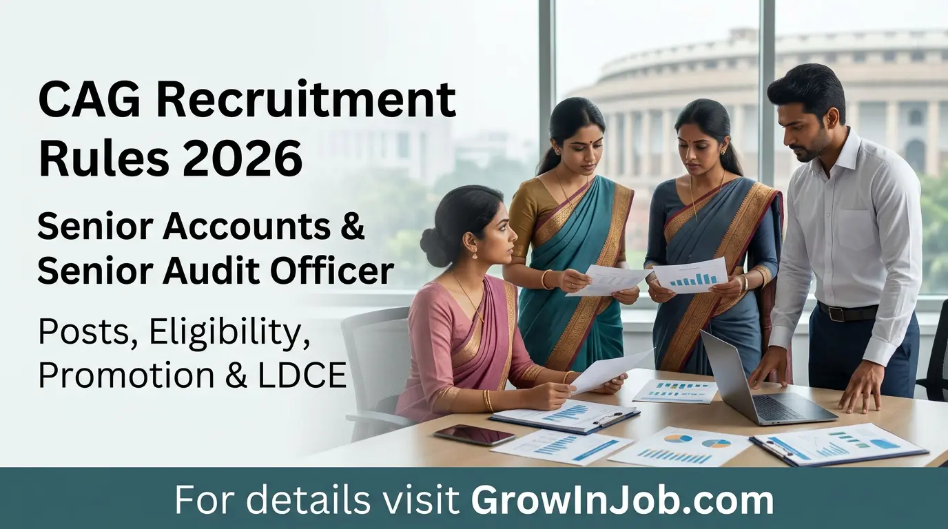 CAG Recruitment Rules 2026 for Senior Accounts Officer and Senior Audit Officer with diverse finance professionals in office and GrowInJob.com details bar