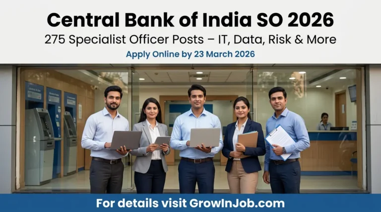 Diverse Indian professionals in front of a bank for Central Bank of India SO Recruitment 2026