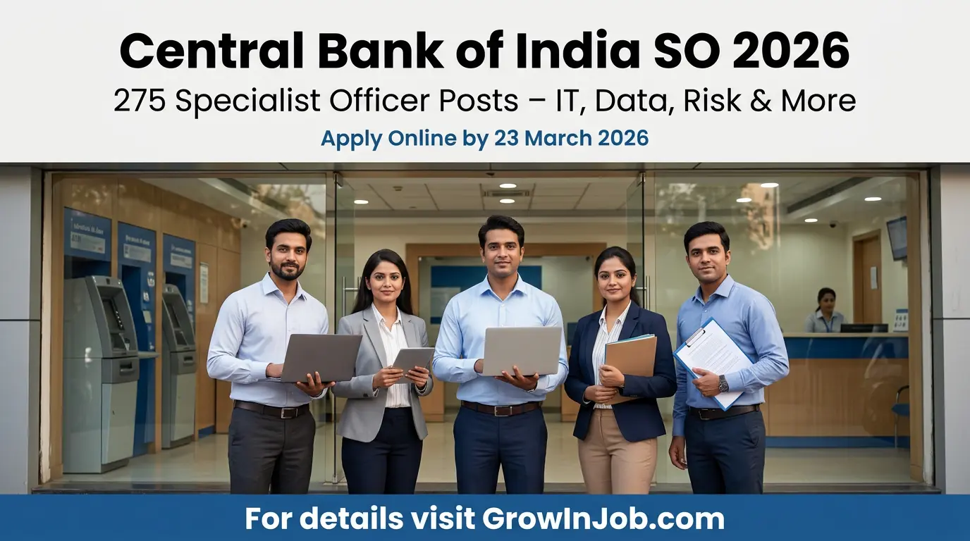 Diverse Indian professionals in front of a bank for Central Bank of India SO Recruitment 2026