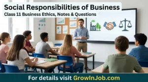 Class 11 students learning social responsibilities of business and business ethics with teacher explaining on whiteboard