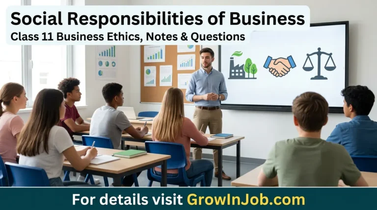 Class 11 students learning social responsibilities of business and business ethics with teacher explaining on whiteboard