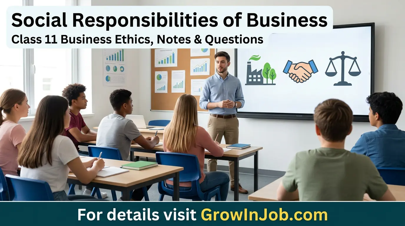 Class 11 students learning social responsibilities of business and business ethics with teacher explaining on whiteboard