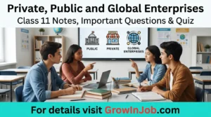 Class 11 students learning about private, public and global enterprises with headline and GrowInJob.com call to action