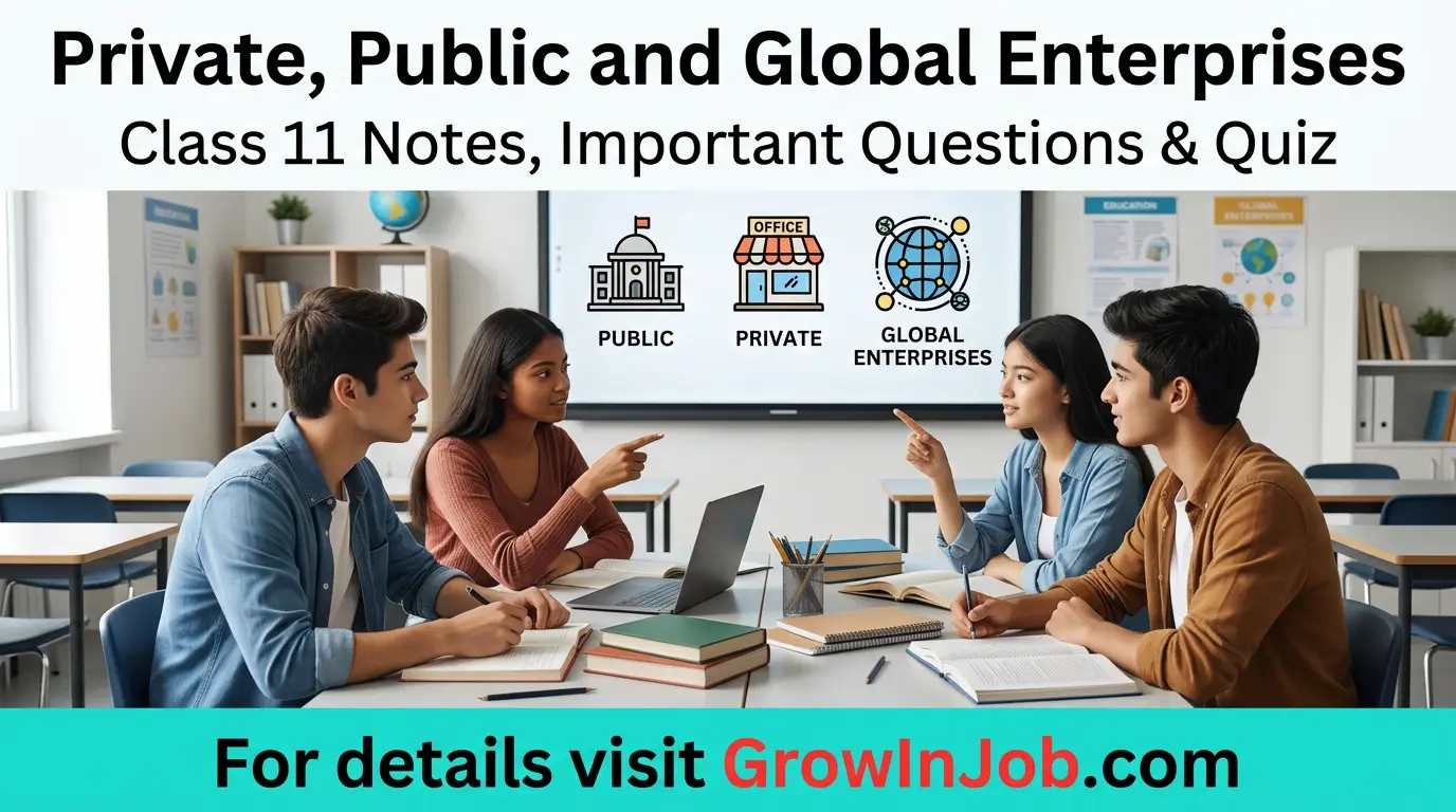 Class 11 students learning about private, public and global enterprises with headline and GrowInJob.com call to action