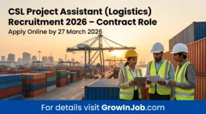 Inclusive team of logistics professionals at Cochin shipyard with text CSL Project Assistant (Logistics) Recruitment 2026 and GrowInJob.com CTA