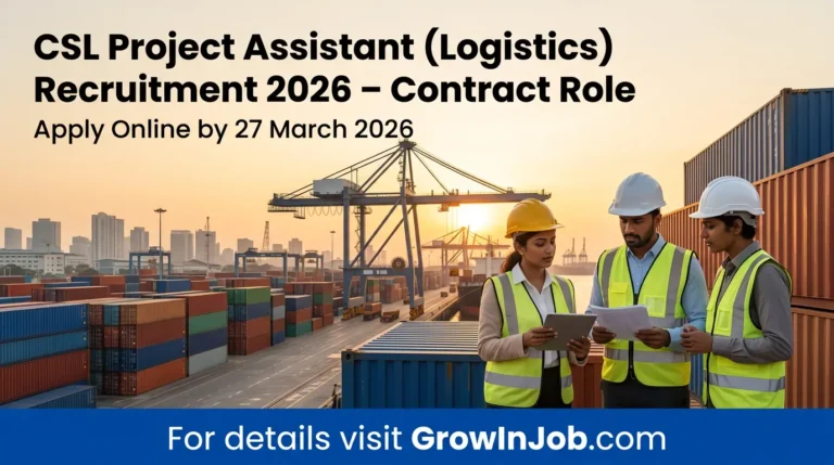 Inclusive team of logistics professionals at Cochin shipyard with text CSL Project Assistant (Logistics) Recruitment 2026 and GrowInJob.com CTA