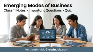Class 11 students studying Emerging Modes of Business with laptop and notes on e-business, e-commerce and outsourcing