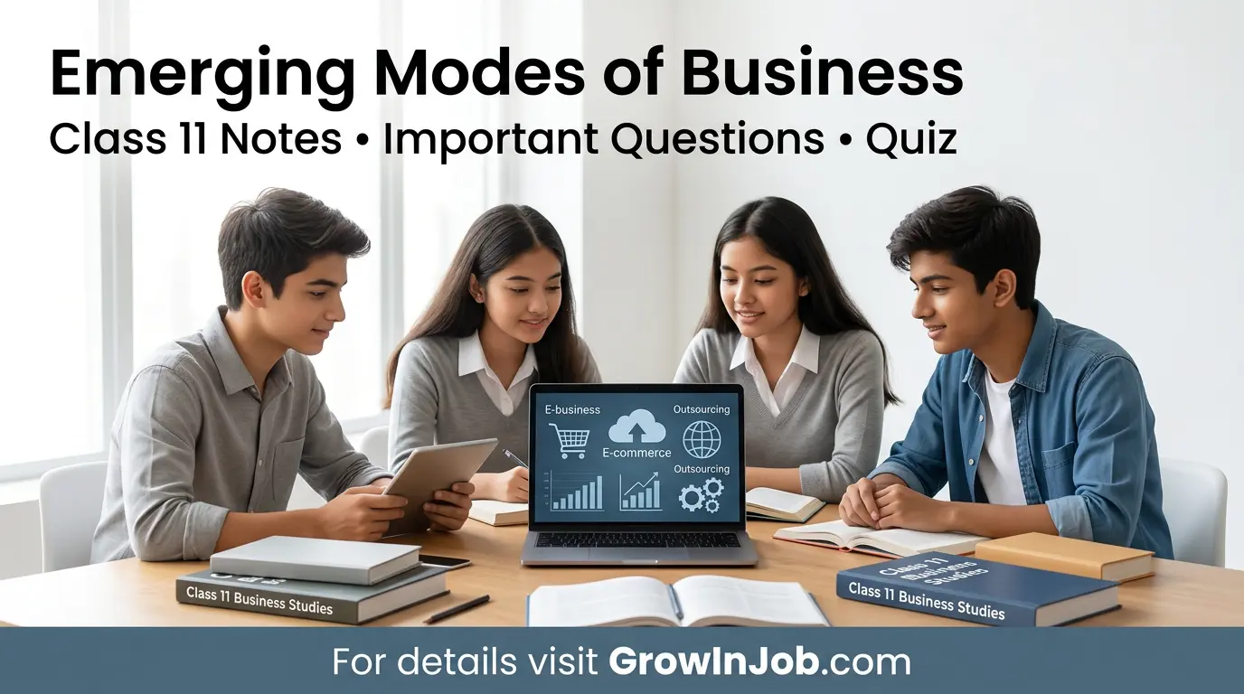 Class 11 students studying Emerging Modes of Business with laptop and notes on e-business, e-commerce and outsourcing
