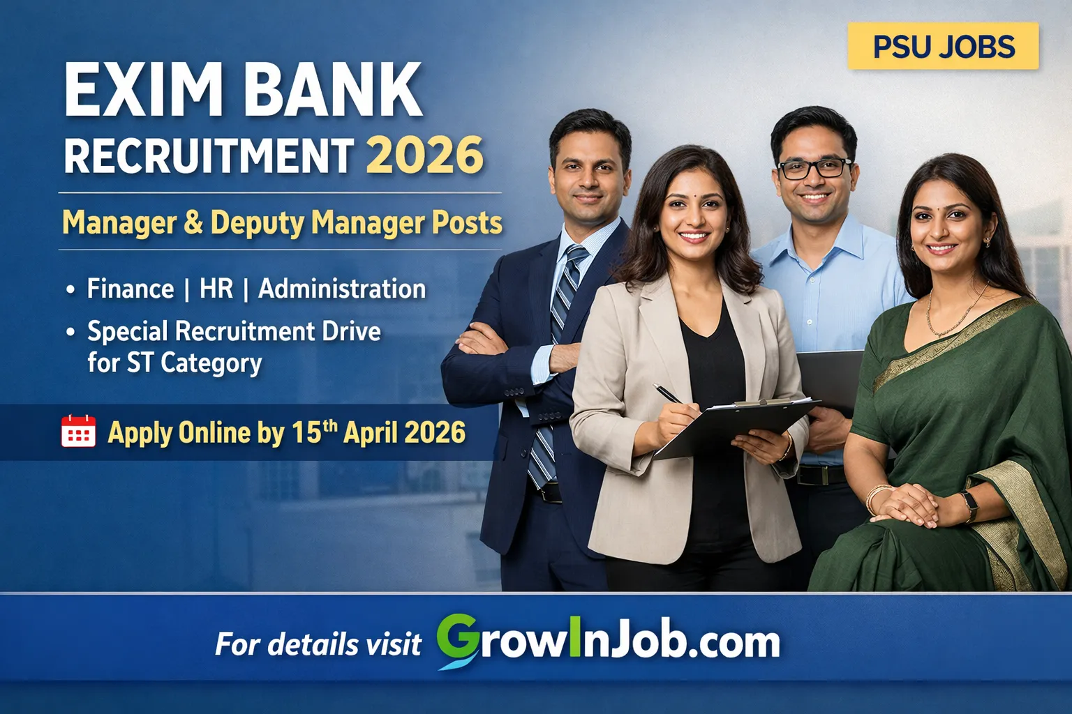 EXIM Bank Recruitment 2026 Manager and Deputy Manager posts apply online last date 15 April 2026 GrowInJob