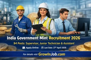 India Government Mint Recruitment 2026 notification for 94 posts including Supervisor, Junior Technician and Assistant – Apply online before 27 April 2026 via GrowInJob.com