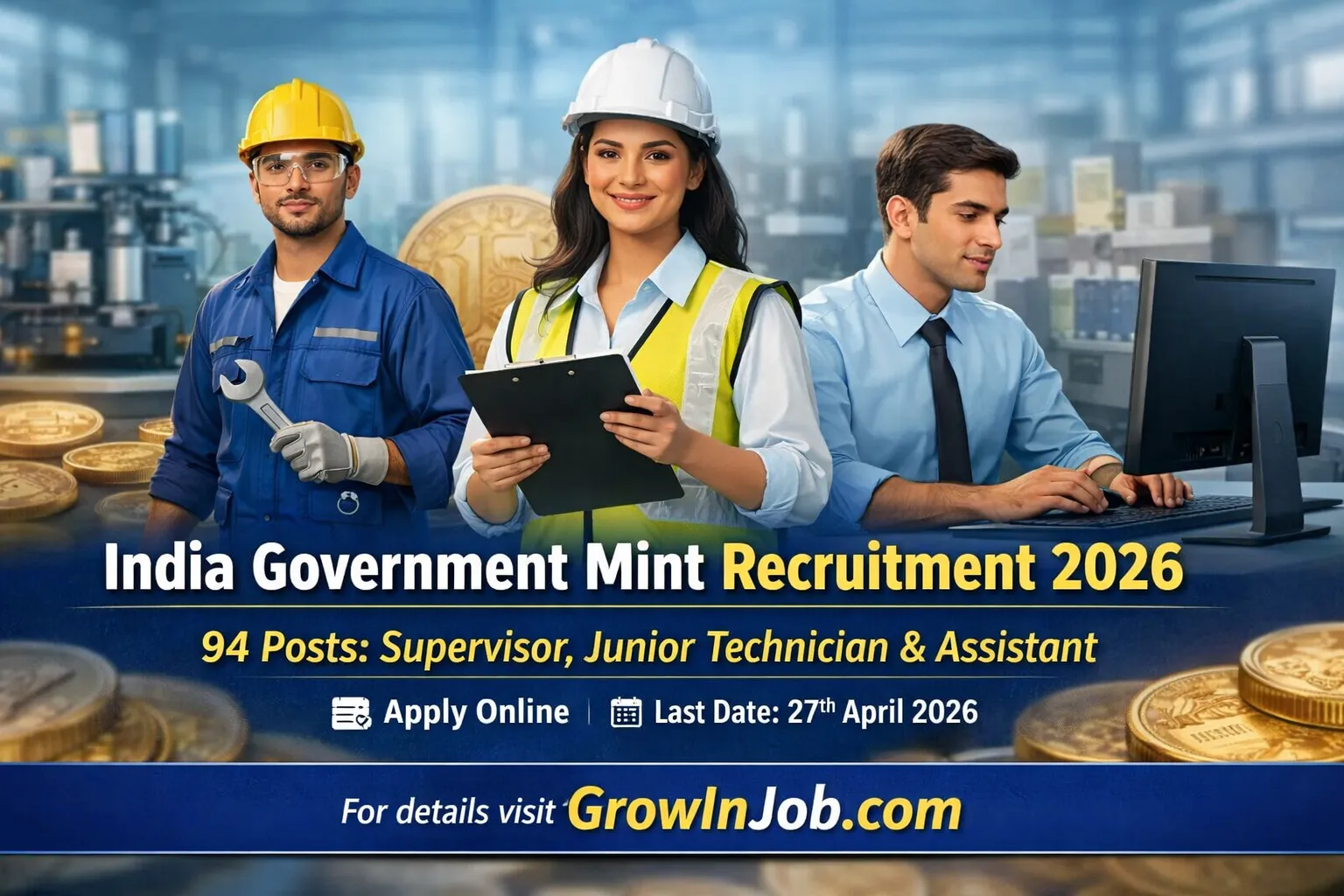 India Government Mint Recruitment 2026 notification for 94 posts including Supervisor, Junior Technician and Assistant – Apply online before 27 April 2026 via GrowInJob.com