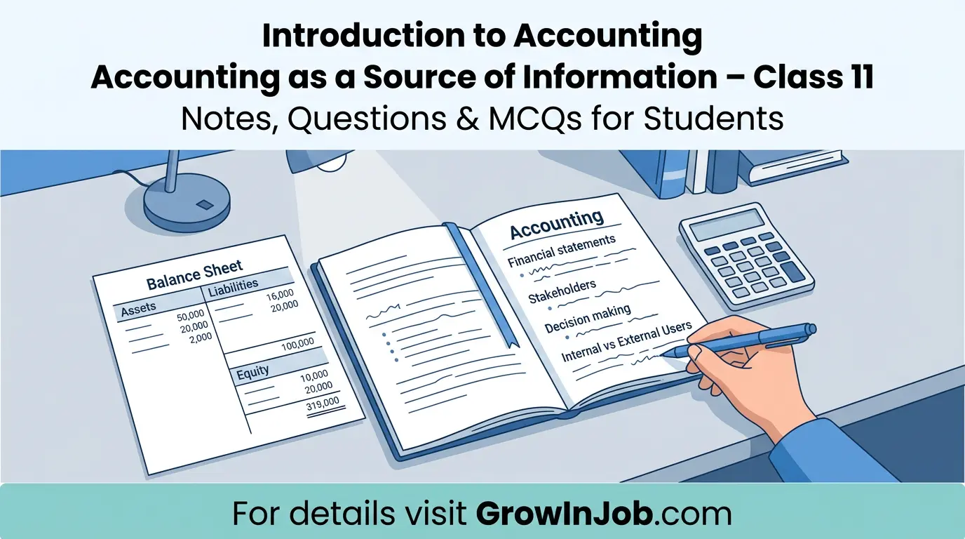 Class 11 student studying accounting as a source of information with notebook, calculator and CTA for GrowInJob.com