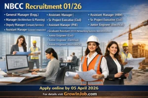 NBCC Recruitment 01/26 – PSU jobs from General Manager to Junior Engineer with apply online deadline and GrowInJob.com call to action.