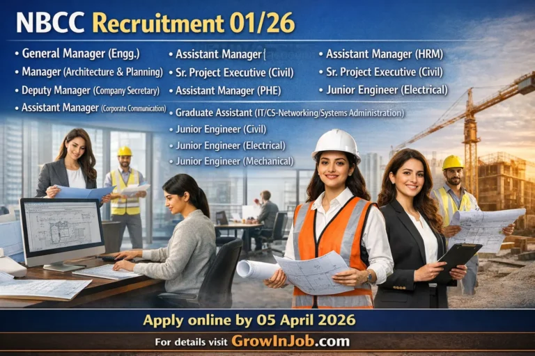 NBCC Recruitment 01/26 – PSU jobs from General Manager to Junior Engineer with apply online deadline and GrowInJob.com call to action.