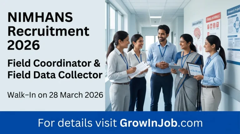 Featured image for NIMHANS Recruitment 2026 showing diverse public health professionals and the title Field Coordinator and Field Data Collector with GrowInJob.com call to action