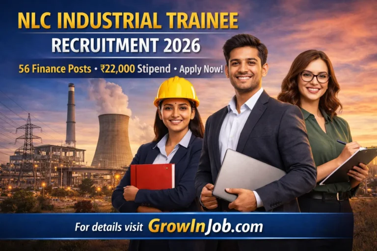 NLC Industrial Trainee Recruitment 2026 featured image showing finance professionals with ₹22000 stipend opportunity GrowInJob
