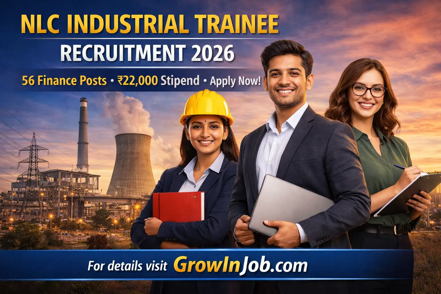 NLC Industrial Trainee Recruitment 2026 featured image showing finance professionals with ₹22000 stipend opportunity GrowInJob