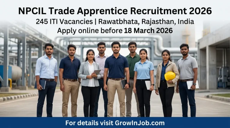 Diverse ITI candidates for NPCIL Trade Apprentice Recruitment 2026 at Rawatbhata with headline and GrowInJob.com CTA