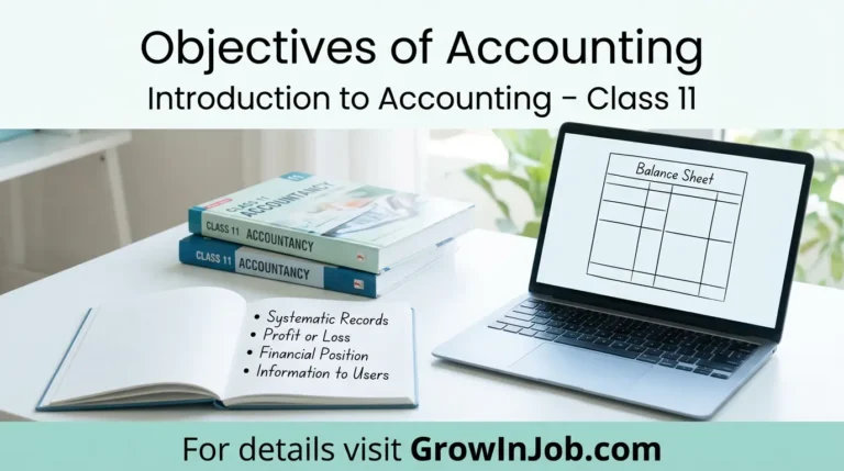 Objectives of Accounting Class 11 – Introduction to Accounting featured image with study desk and GrowInJob.com CTA