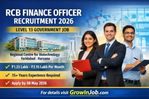 RCB Finance Officer Recruitment 2026 notification image showing Level 13 government job opportunity at Regional Centre for Biotechnology Faridabad with salary range Rs 123100 to 215900 and last date 08 May 2026