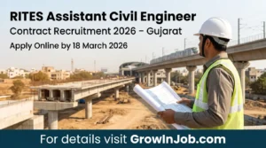 Civil engineer at Gujarat project site reviewing drawings for RITES Assistant Civil Engineer Recruitment 2026 – GrowInJob.com CTA at bottom.