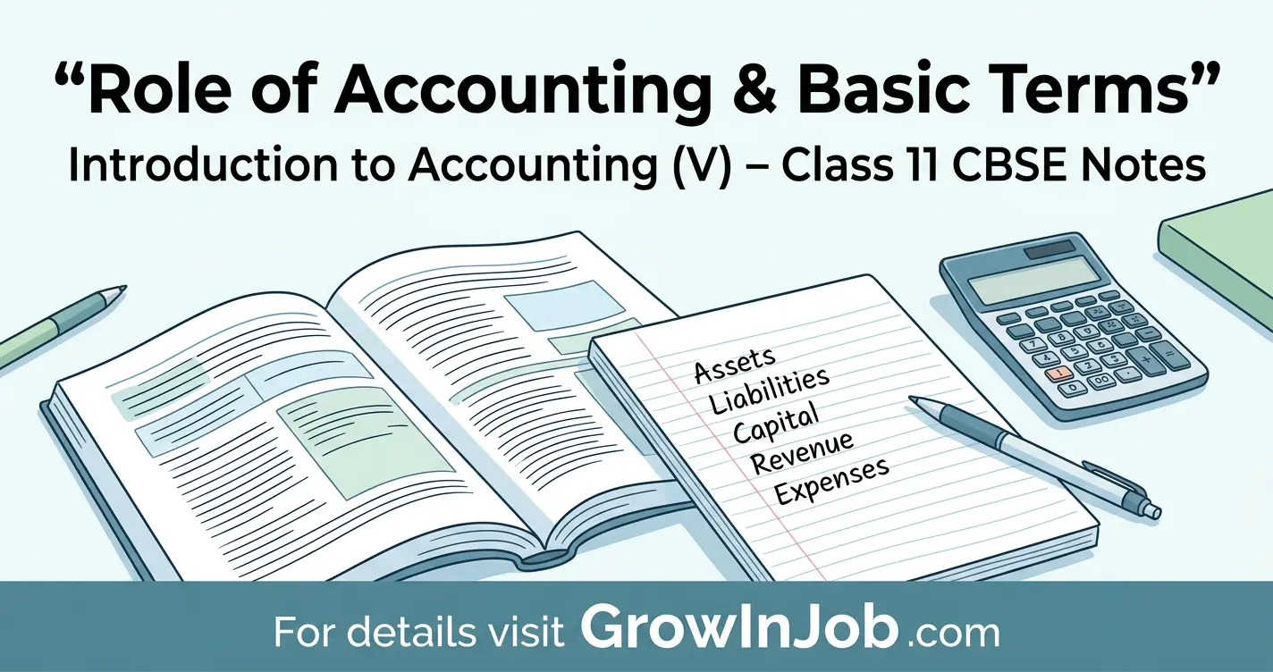 Featured image for Introduction to Accounting (V): Role of Accounting and Basic Terms – Class 11 CBSE notes with study desk, accounting book, calculator and GrowInJob CTA