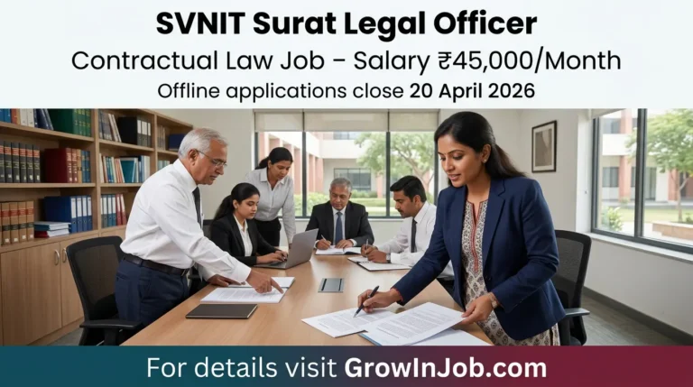 SVNIT Surat Legal Officer recruitment 2026 – diverse legal professionals in an office with job details and GrowInJob.com call to action