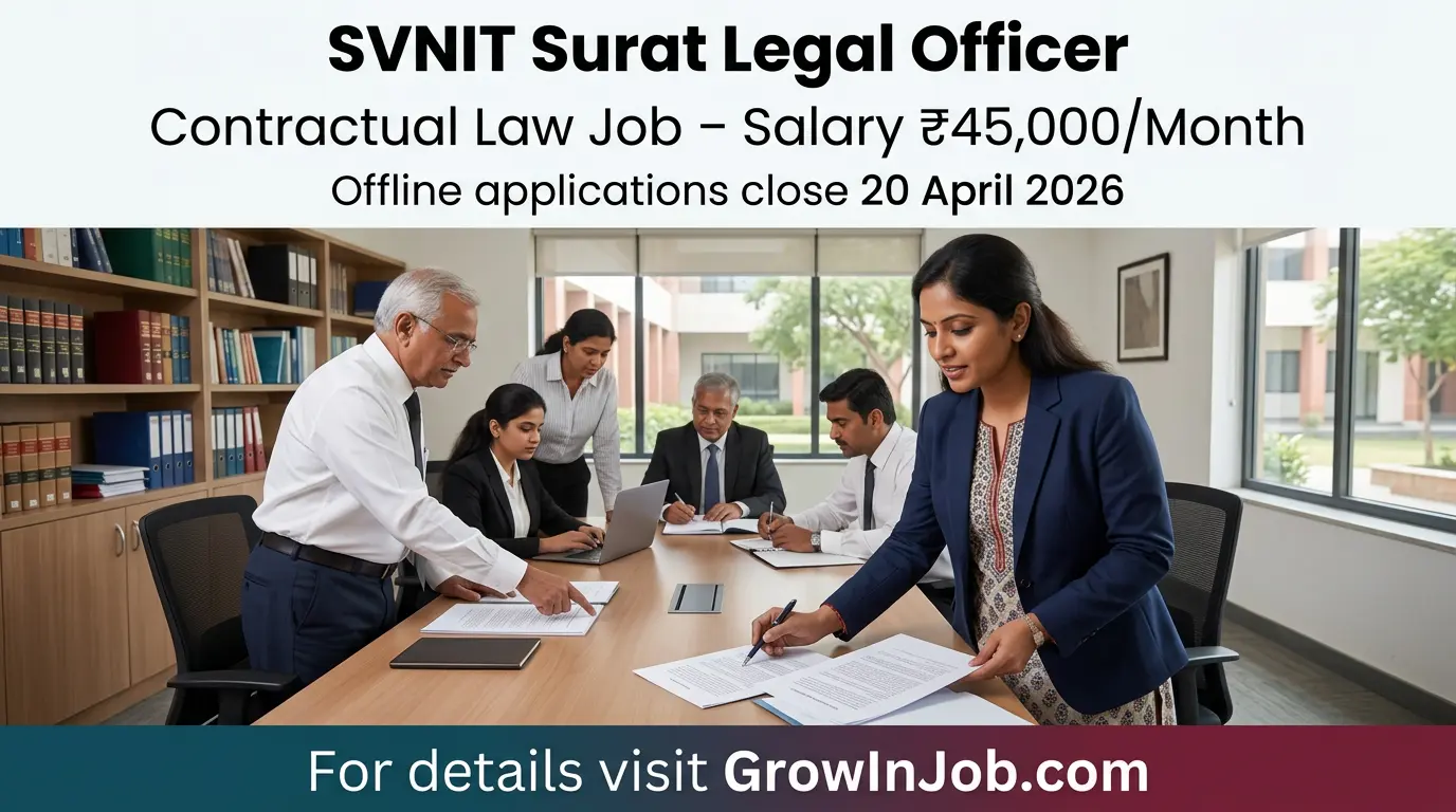 SVNIT Surat Legal Officer recruitment 2026 – diverse legal professionals in an office with job details and GrowInJob.com call to action